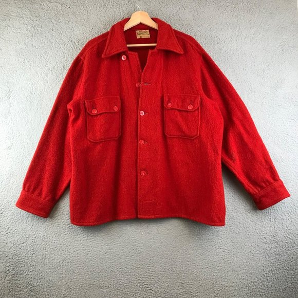 Vintage 40s Mens North Country Wool Double Pocket Button Shirt Jacket Red USA XL - Picture 1 of 9